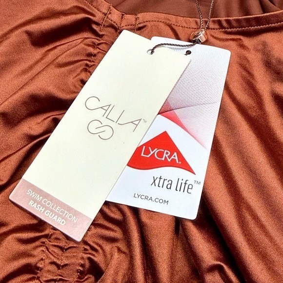 NWOT CALIA by Carrie Underwood Red Brown Shine Ruched L/S Rash Guard Swim Top M - Picture 5 of 8